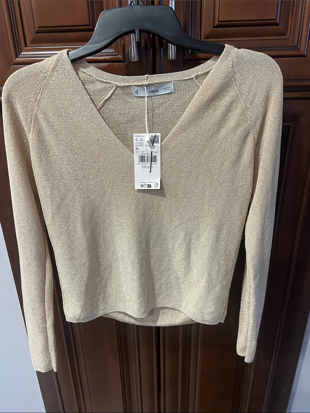 Mango Metallic V-Neck Long Sleeve Top — Beige